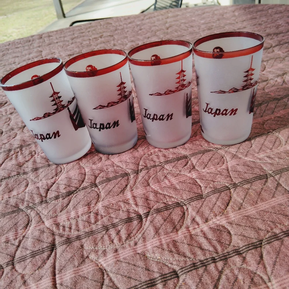4 Vintage MCM Noritake Frosted Ruby Red Drinking Glasses Barware Bar